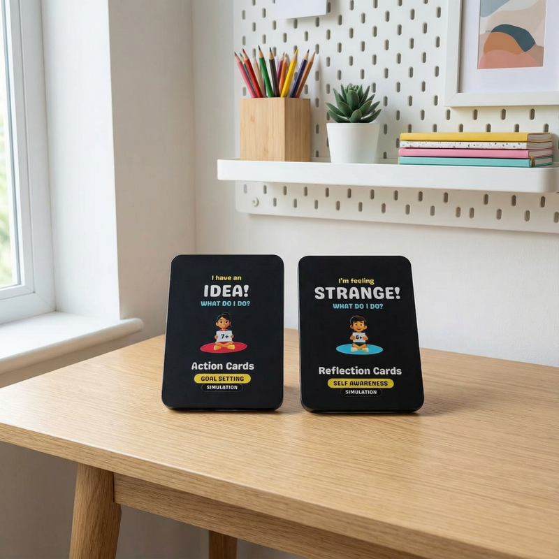 Two black card boxes with life skills on a wooden table in a room with a window and shelves.
