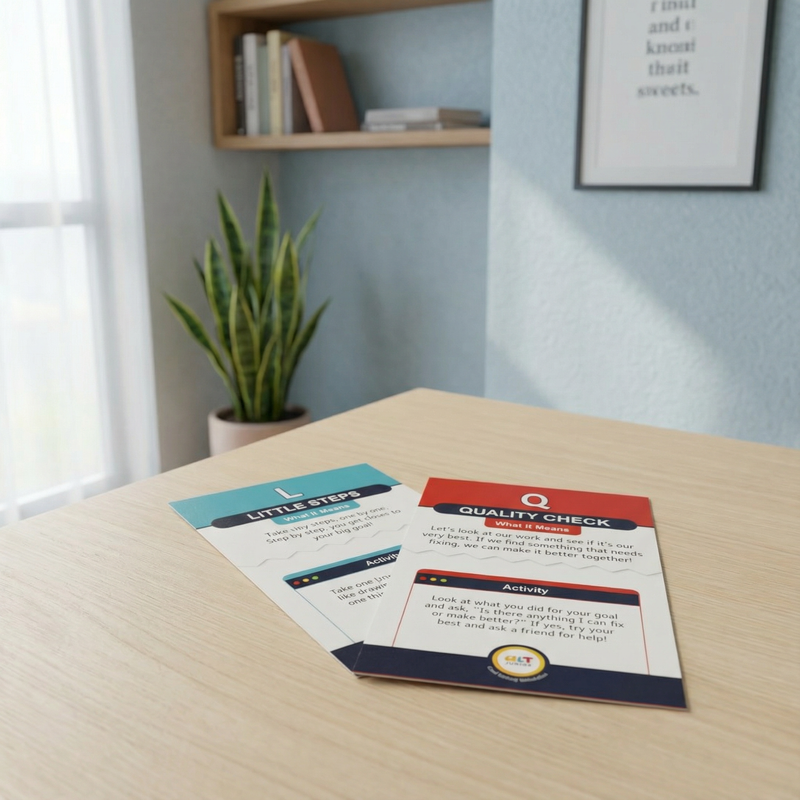 Educational materials on a table with a plant and bookshelf in the background