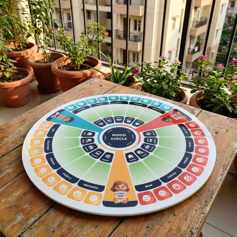 Mood circle board game on a wooden table with plants in the background